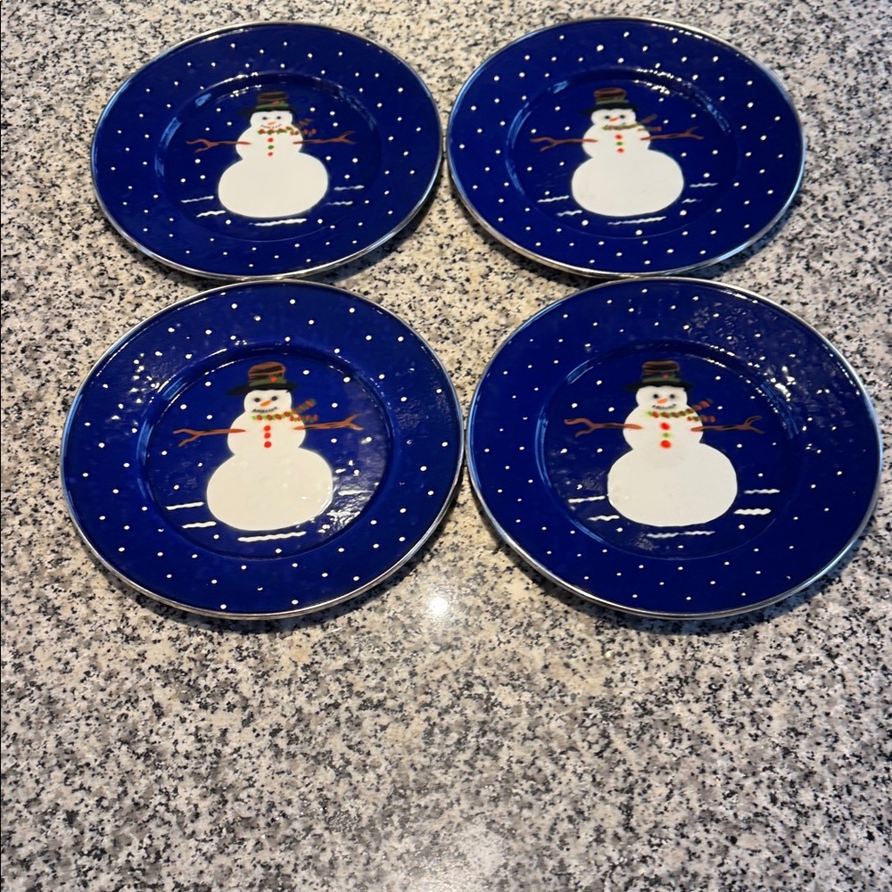 Festive Golden Rabbit Snowman Enamel Hand Painted Dinner Plate Set  11” diameter